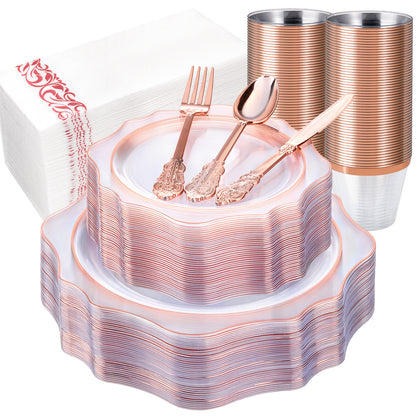 Goodluck 350 PCS Disposable Scallop Clear and Rose Gold Plastic Dinnerware Set for 50 Guests