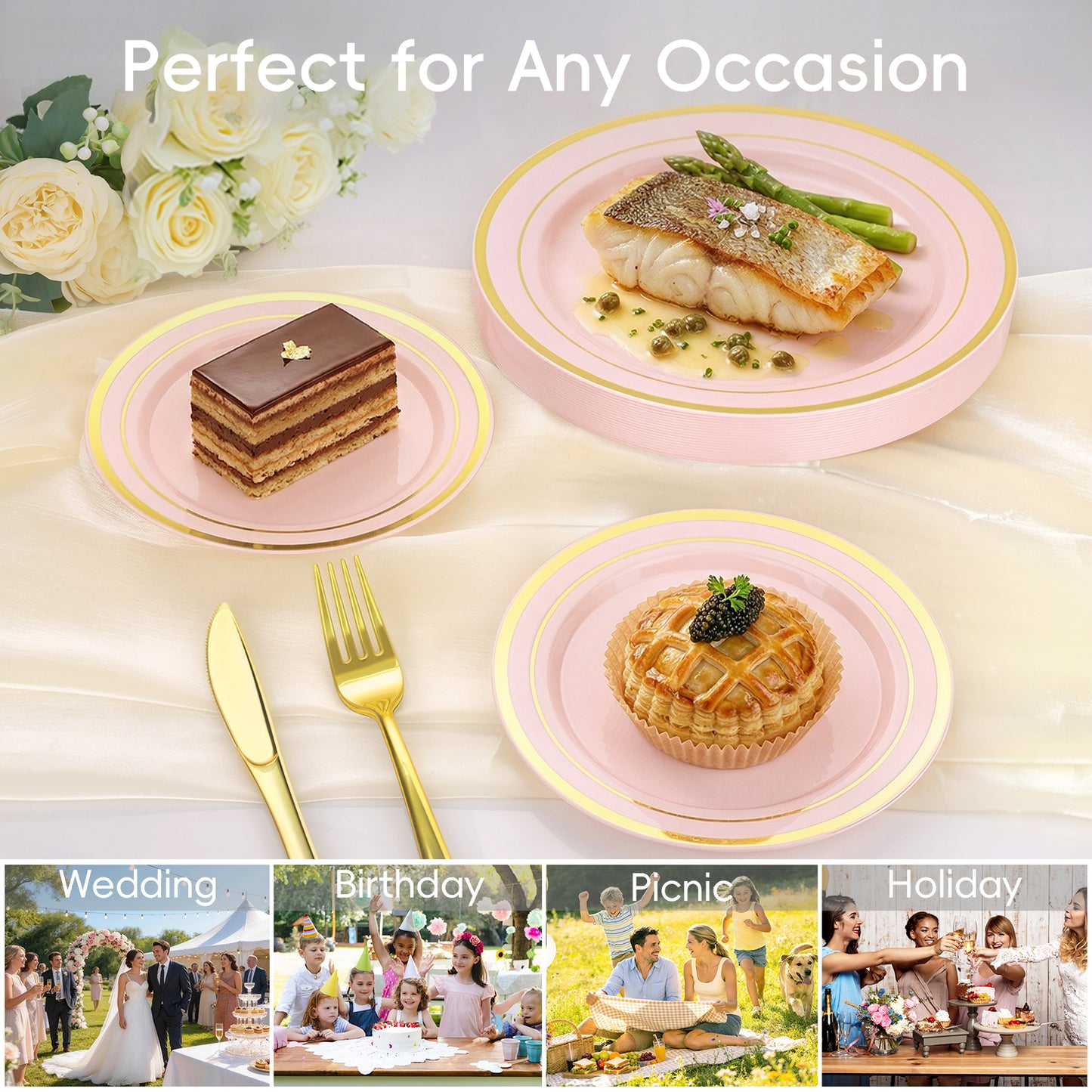 Goodluck Disposable Pink with Gold Rims Plastic Dinnerware Set for Wedding, Christmas