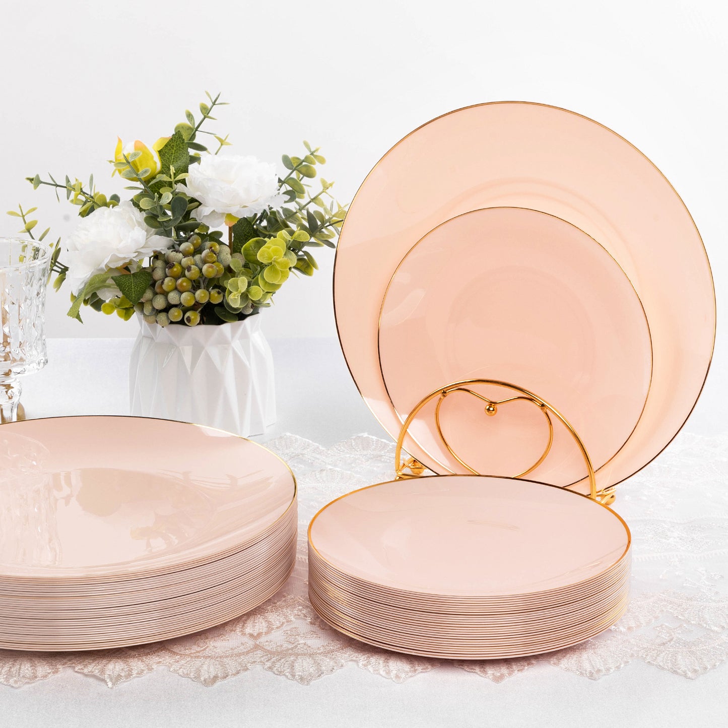 Goodluck 350 Pieces Disposable Pink with Gold Rim Plastic Dinnerware Set