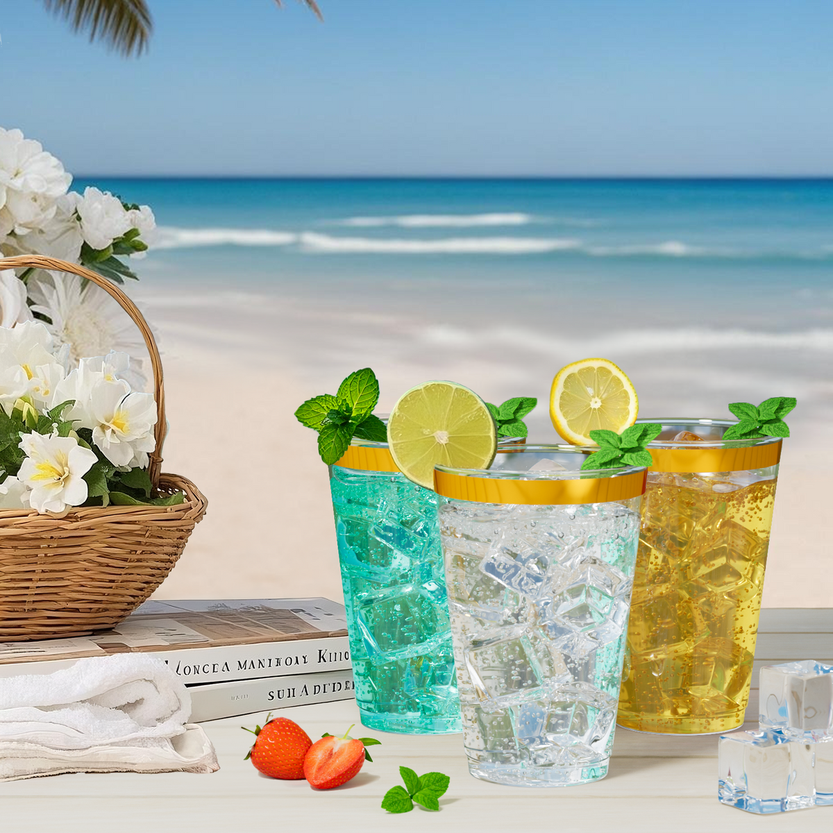 Disposable Gold Rim Plastic Cups for Wedding, Thanksgiving, Christmas, and Parties