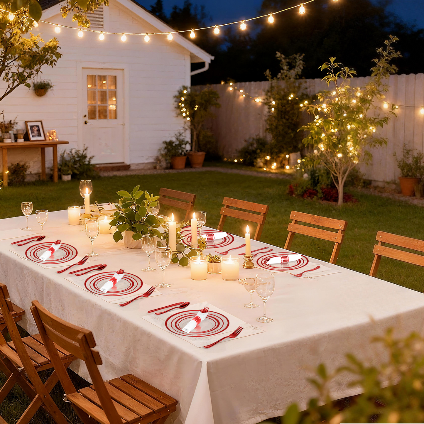 Goodluck 350 Piece Disposable Clear with Double Red Rim Plastic Dinnerware Set for Party, Christmas, Graduation, Wedding