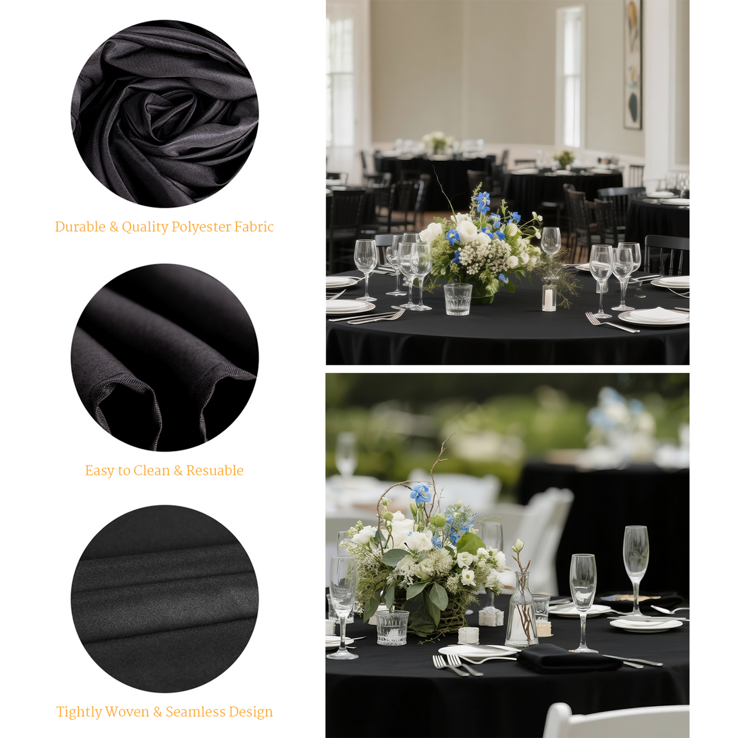 Goodluck 6 Pack Fabric Washable Decorative Black Round Polyester Table Cloths for Halloween, Parties, Weddings, Holiday, Events