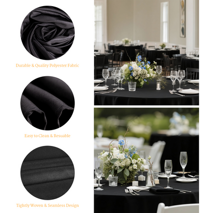 Goodluck 6 Pack Fabric Washable Decorative Black Round Polyester Table Cloths for Halloween, Parties, Weddings, Holiday, Events