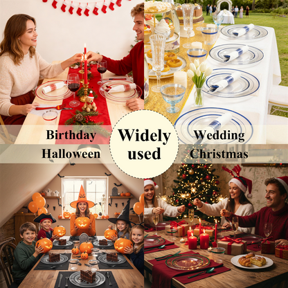 Goodluck 350 Piece Disposable Clear with Double Blue Rim Plastic Dinnerware Set for 50 Guests