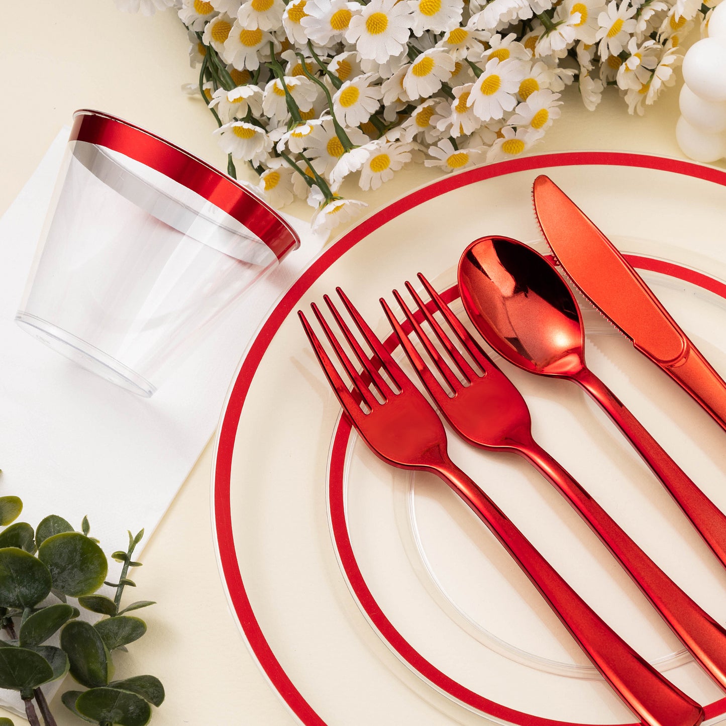 Goodluck 350PCS Disposable Red and Clear Plastic Dinnerware Sets for 50 Guests