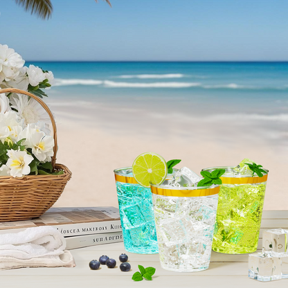 Disposable Gold Rim Plastic Cups for Wedding, Thanksgiving, Christmas, and Parties