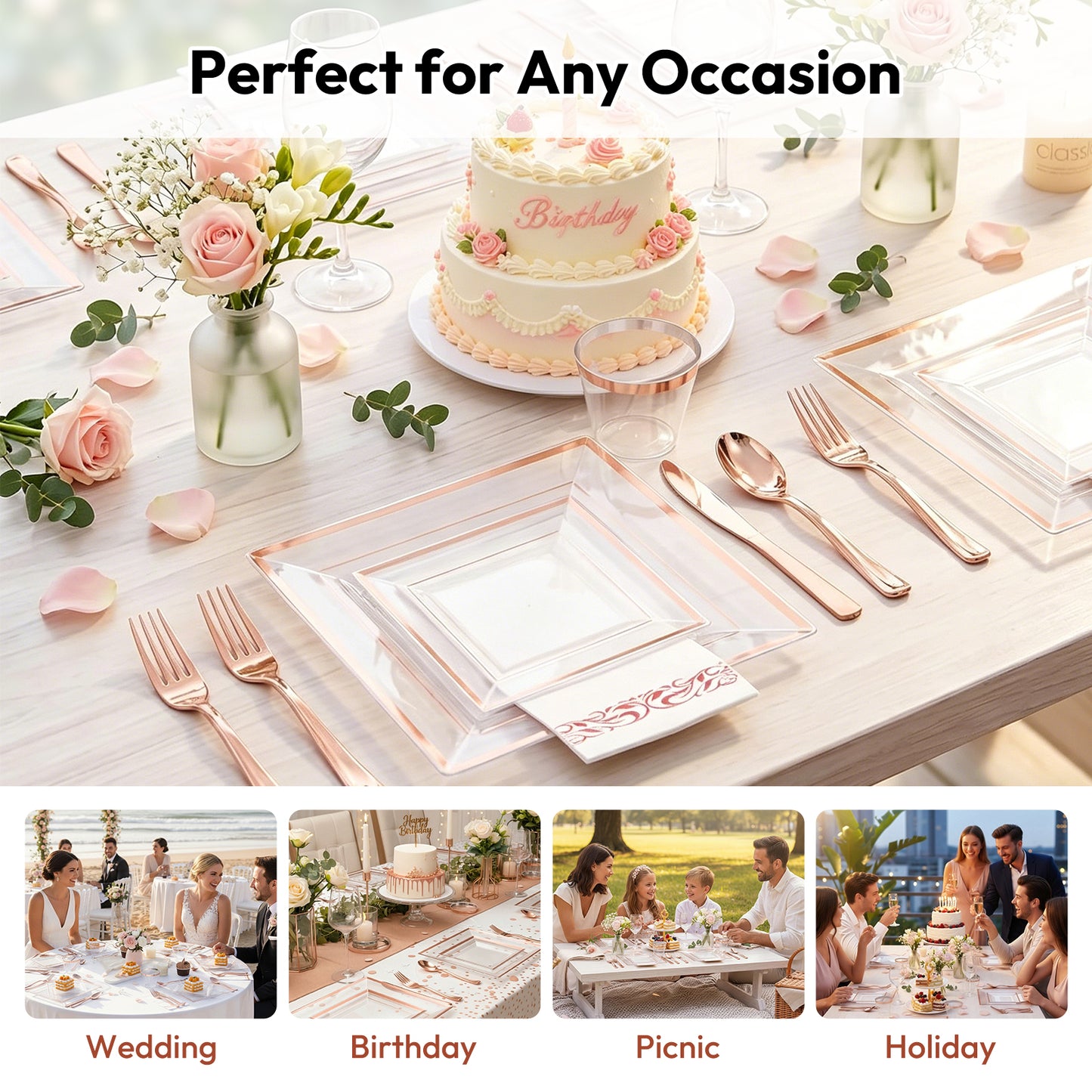 Premium Plastic Tableware for Weddings & Parties with Square Clear Base Rose Gold Rim Plates and Rose Gold Cutlery