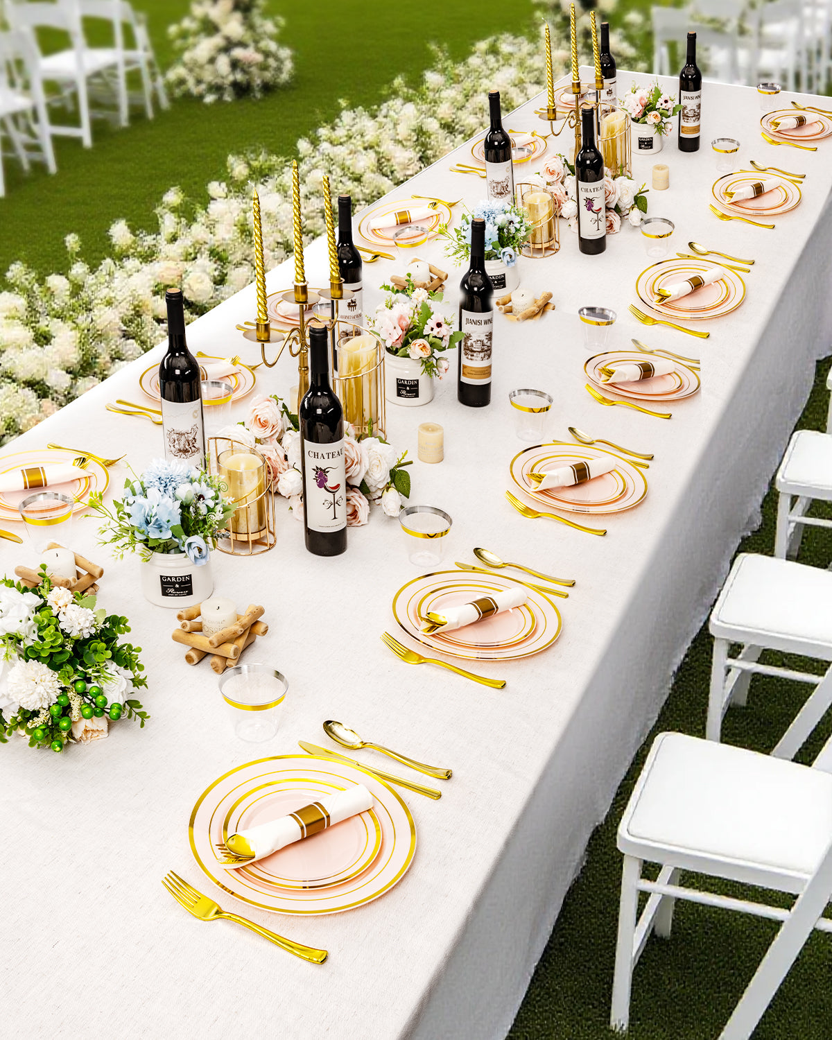 Goodluck Disposable Pink with Gold Rims Plastic Dinnerware Set for Wedding, Christmas