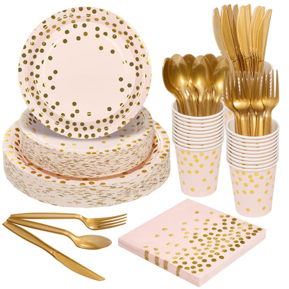 Gold Foil Polka Dot Disposable Party Paper Tableware Set for Birthday, Baby Shower, and Wedding
