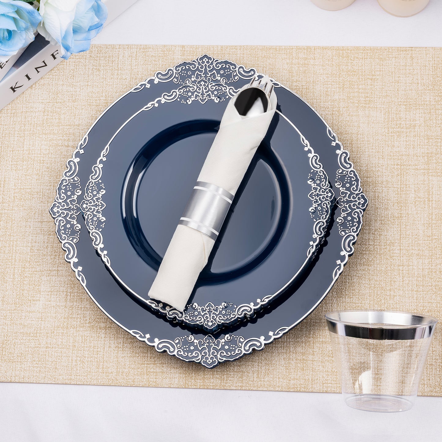 Goodluck 350PCS Disposable Navy Blue Pre-Rolled Napkins Plastic Dinnerware Sets for Party, Wedding and Graduation