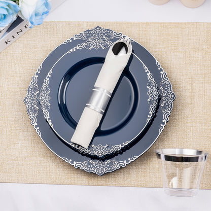 Goodluck 350PCS Disposable Navy Blue Pre-Rolled Napkins Plastic Dinnerware Sets for Party, Wedding and Graduation