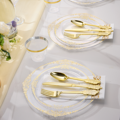 Goodluck Disposable Retro Clear with Gold Rim Dinnerware Set