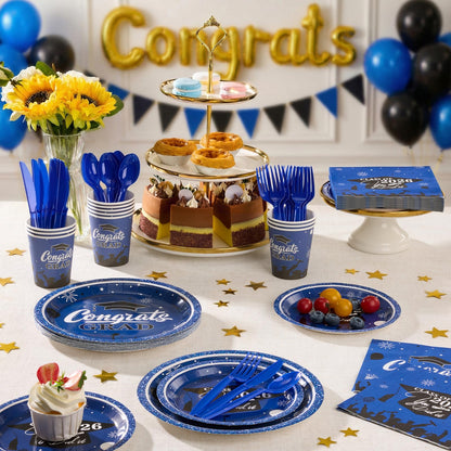 Graduation Party Supplies Include 9" & 7" Disposable Graduation Paper Plates, 9oz Cups, Napkins & Cutlery