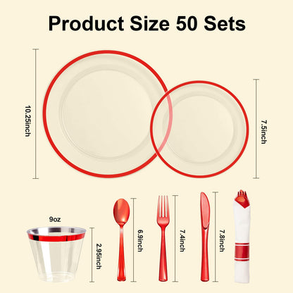 Goodluck Disposable Clear with Red Rim Plastic Dinnerware Set