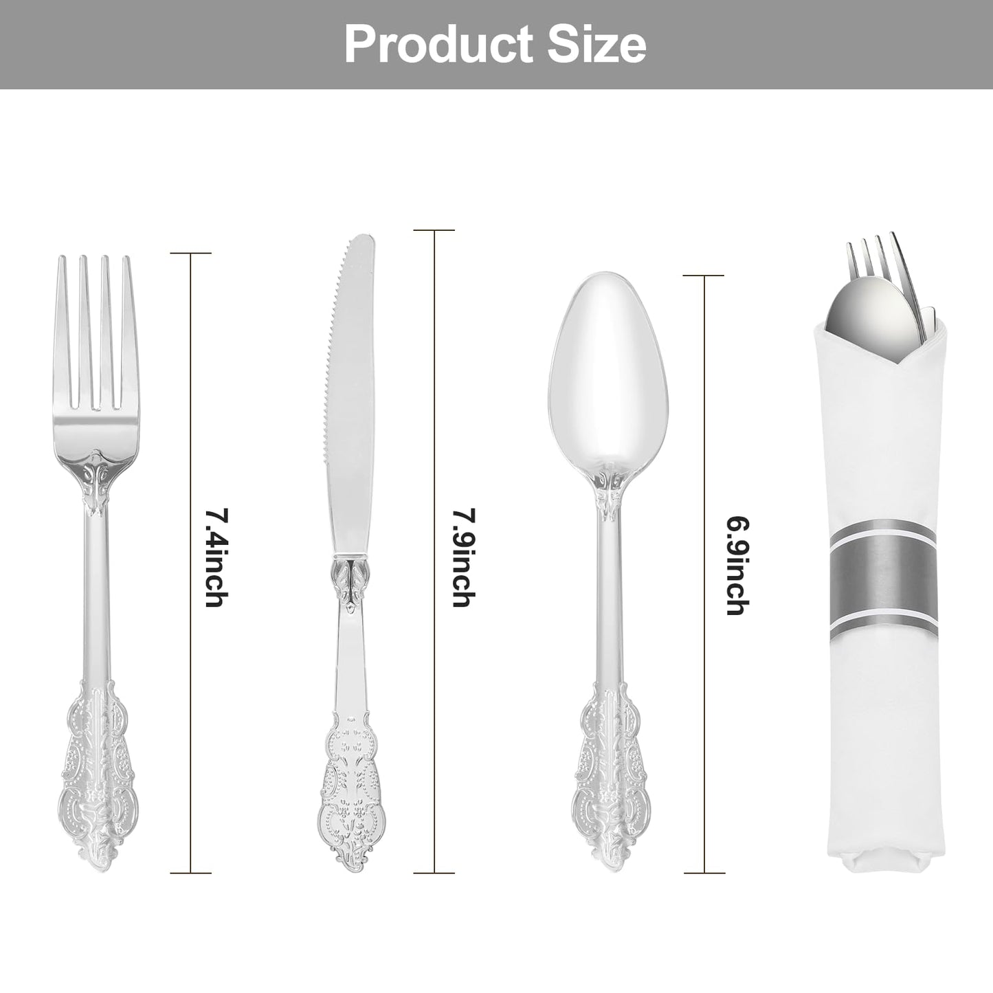 Goodluck 400 Pack Silver Plastic Silverware with Pre-Rolled Napkins for 100 Guests