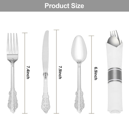 Goodluck 400 Pack Silver Plastic Silverware with Pre-Rolled Napkins for 100 Guests