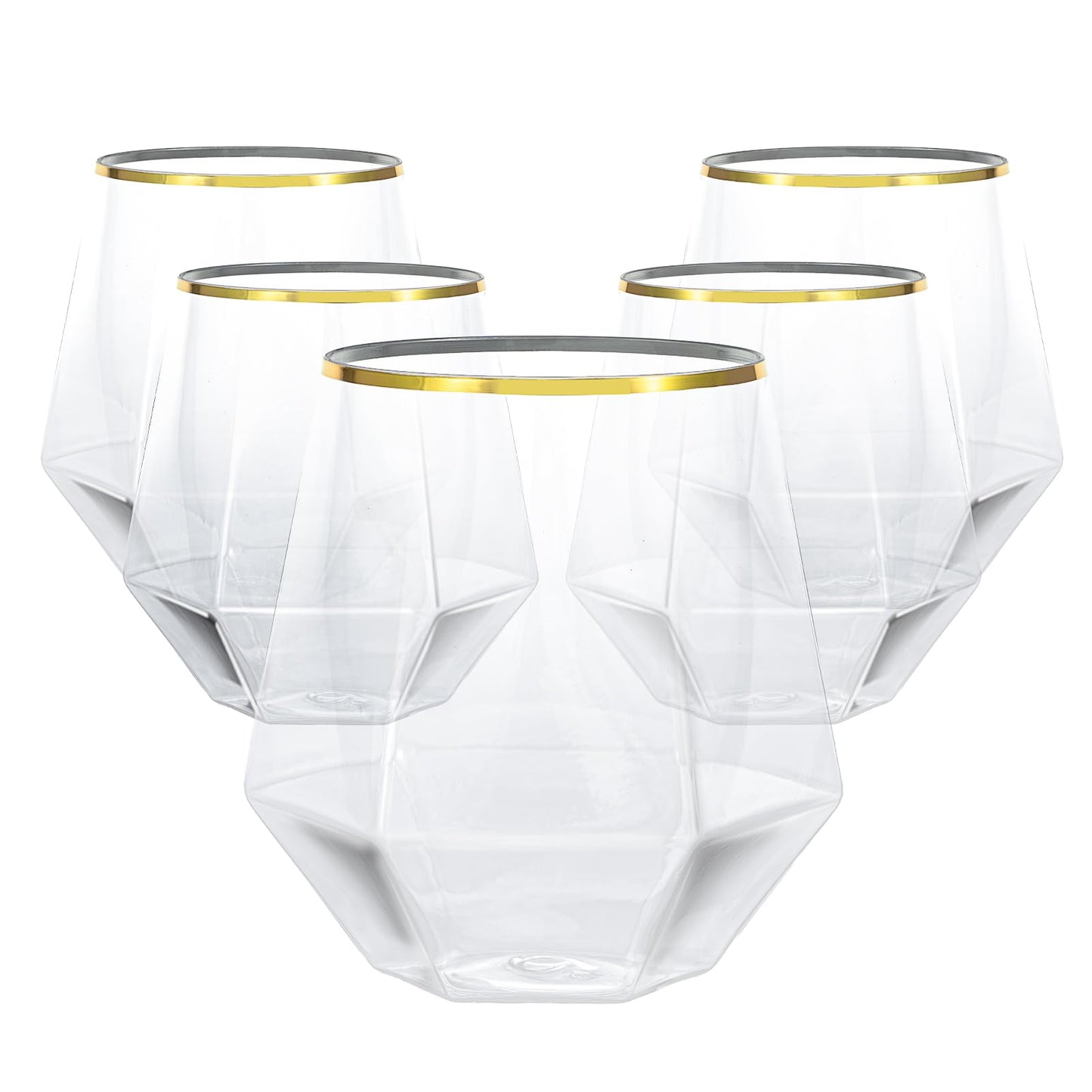 Goodluck 40 Pack 12 Oz Diamond Stemless Plastic Wine with Gold Rim Glasses for Whiskey or Cocktail