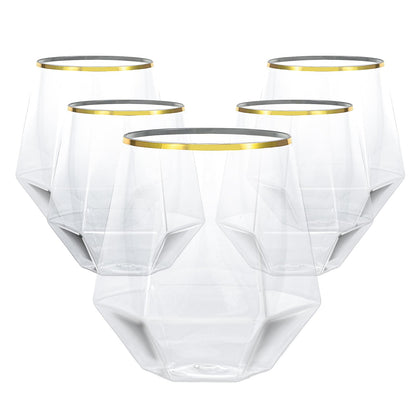 Goodluck 40 Pack 12 Oz Diamond Stemless Plastic Wine with Gold Rim Glasses for Whiskey or Cocktail