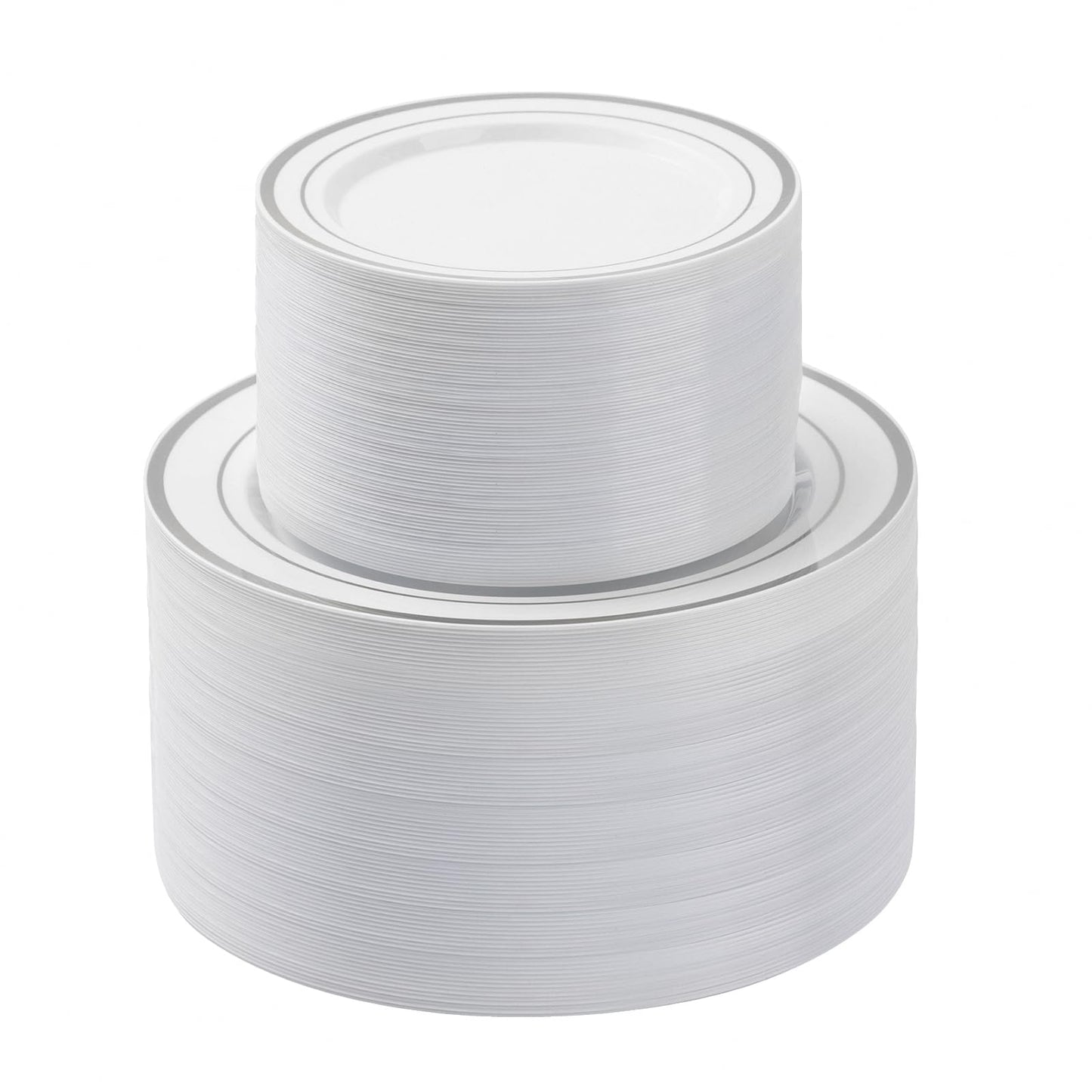 Goodluck 200-Piece White with Double Silver Rims Plastic Plates Set for Parties