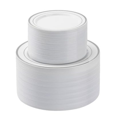 Goodluck 200-Piece White with Double Silver Rims Plastic Plates Set for Parties