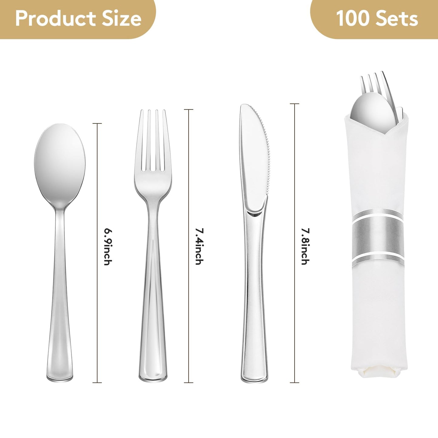 Goodluck Fancy Disposable Pre-Rolled Silver Plastic Silverware for Party, Wedding