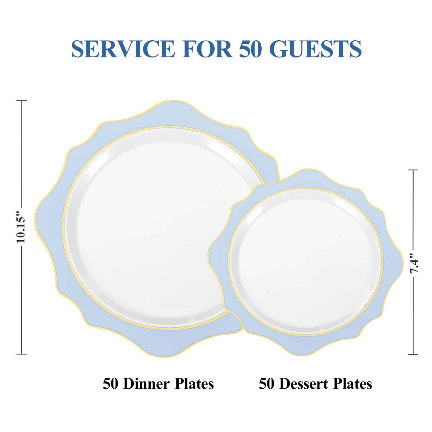Goodluck 100- Piece Disposable Scalloped White with Blue Rim Plates for 50 Guests