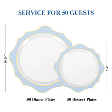 Goodluck 100- Piece Disposable Scalloped White with Blue Rim Plates for 50 Guests