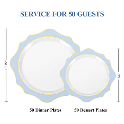 Goodluck 100- Piece Disposable Scalloped White with Blue Rim Plates for 50 Guests