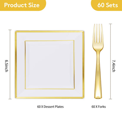 Goodluck 120 Pieces Gold Square Plastic Plates with Forks for 60 Guests