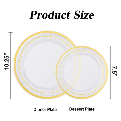 Goodluck 200-Piece Disposable Clear with Double Gold Rim Plastic Plates Set for Parties