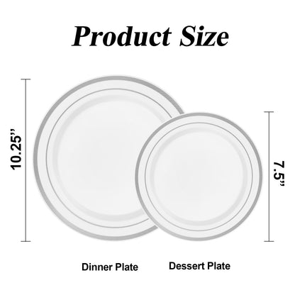 Goodluck 200-Piece White with Double Silver Rims Plastic Plates Set for Parties