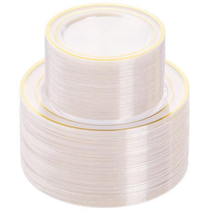 Goodluck 200-Piece Disposable Clear with Double Gold Rim Plastic Plates Set for Parties