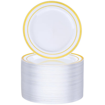 Goodluck 100-Piece Disposable 7 Inch White with Double Gold Rim Plastic Plate