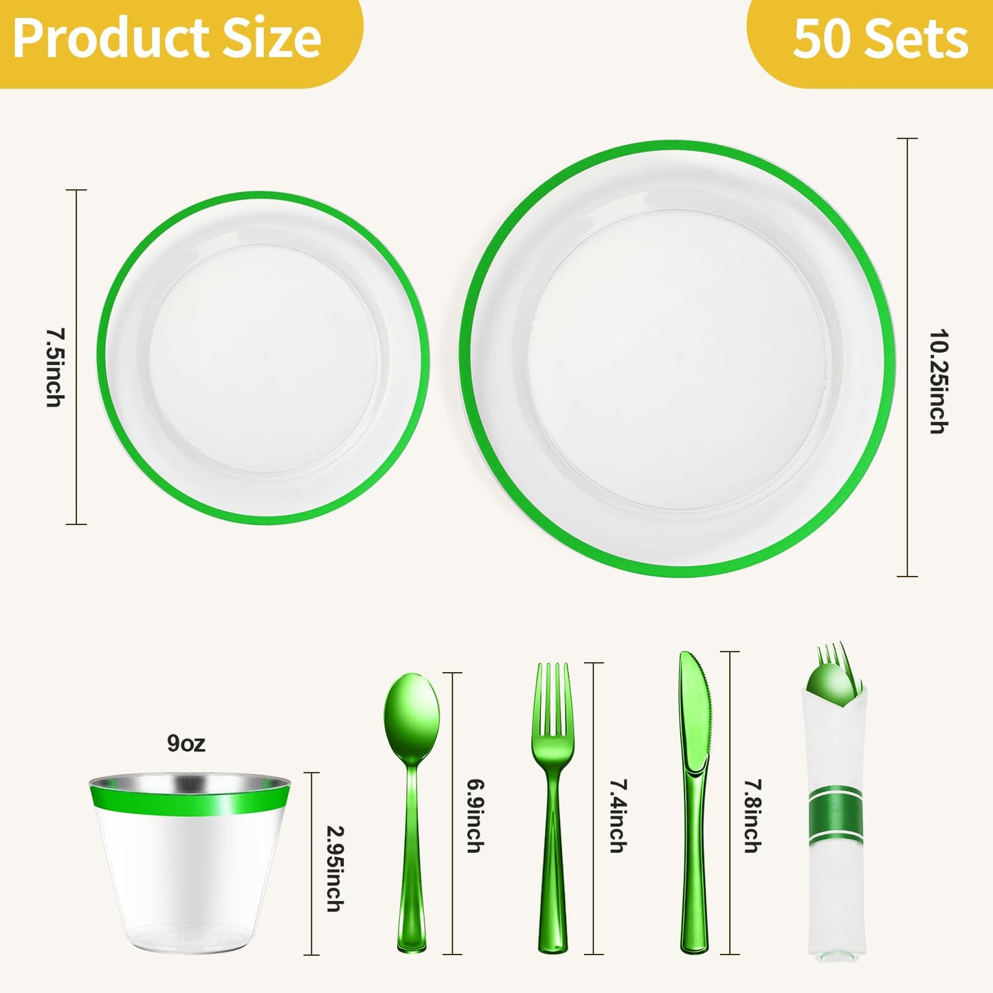 Goodluck 350 Piece Disposable Clear with Green Rim Plastic Dinnerware Set for 50 Guests