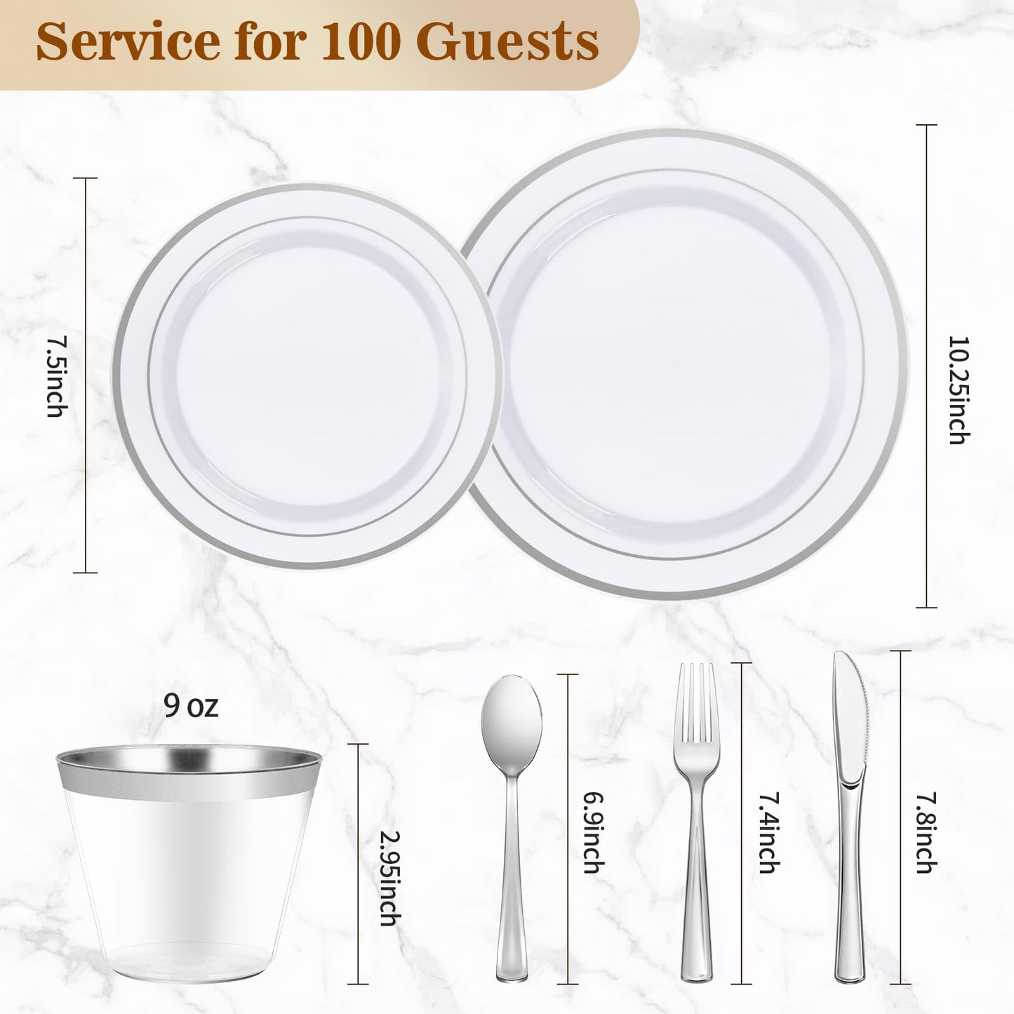 Goodluck 600-Piece Disposable Double Silver Rim Plastic Dinnerware Set for 100 Guests
