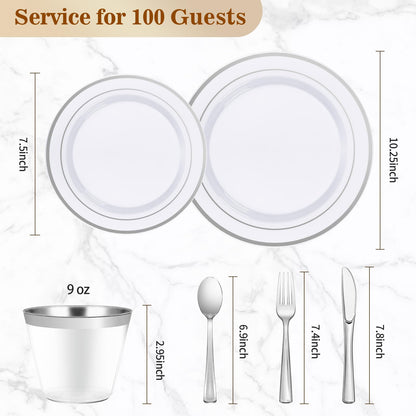 Goodluck 600-Piece Disposable Double Silver Rim Plastic Dinnerware Set for 100 Guests