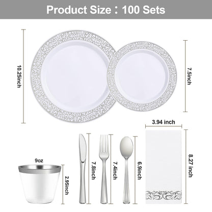 Goodluck 700PCS Disposable Silver Plastic Dinnerware Sets for 100 Guests