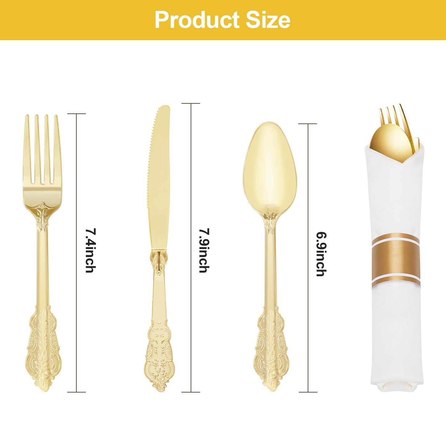 Goodluck 400 Pack Disposable Gold Utensil Sets with Pre-Rolled Napkins for 100 Guests