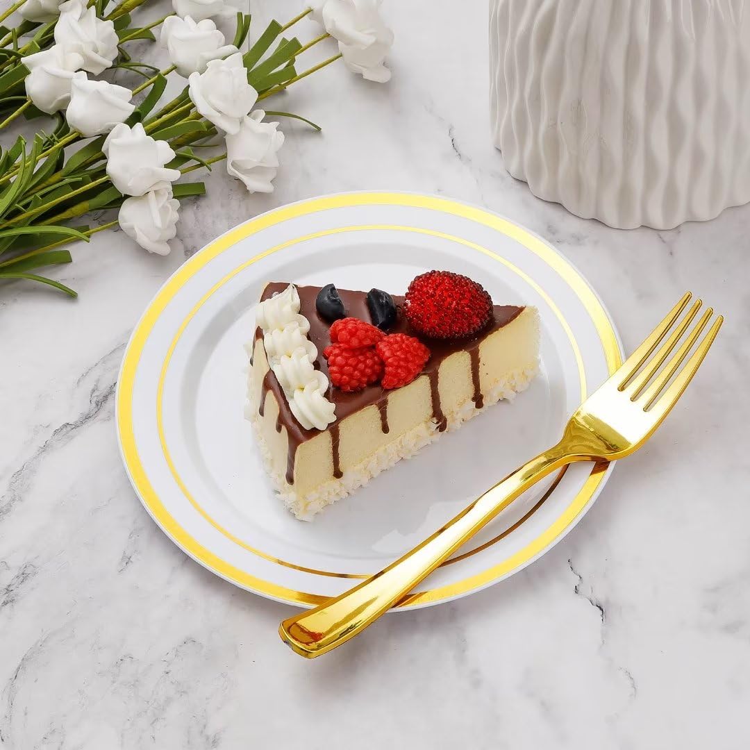 Goodluck Disposable Gold Dessert Plates with Plastic Forks for Party