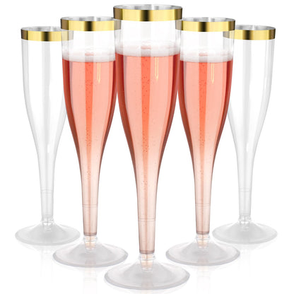 Goodluck 36 Pack 6.5 oz Disposable Plastic Clear Champagne Flutes with Gold Rim Wedding, Engagement, Party, Mimosa Bar