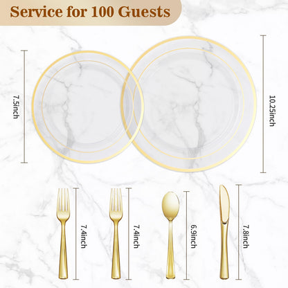 Goodluck 600-Piece Disposable Clear Gold Plastic Dinnerware Set for 100 Guests