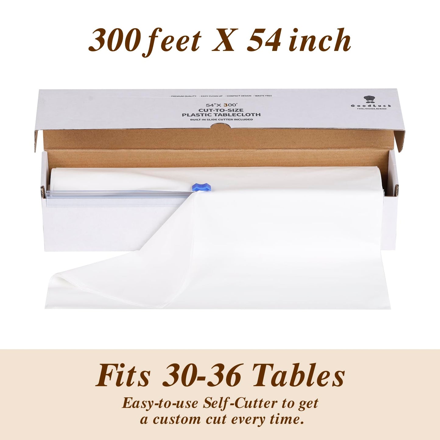 Goodluck 54 Inch X 300 Feet White Plastic Table Cloths with Cutter Box