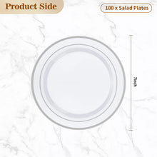 Goodluck 100-Piece 7 Inch Disposable White with Double Silver Rim Plastic Plate