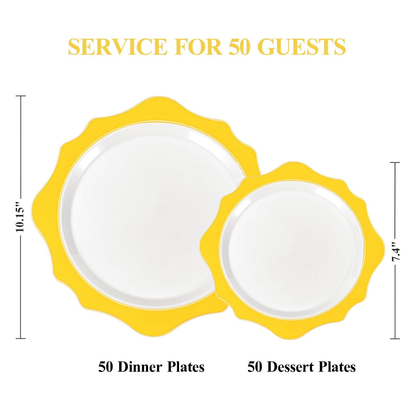 Goodluck 100 PCS White with Yellow Rim Disposable Scalloped Plastic Plates for Party, Wedding, and Graduation