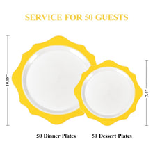 Goodluck 100 PCS White with Yellow Rim Disposable Scalloped Plastic Plates for Party, Wedding, and Graduation
