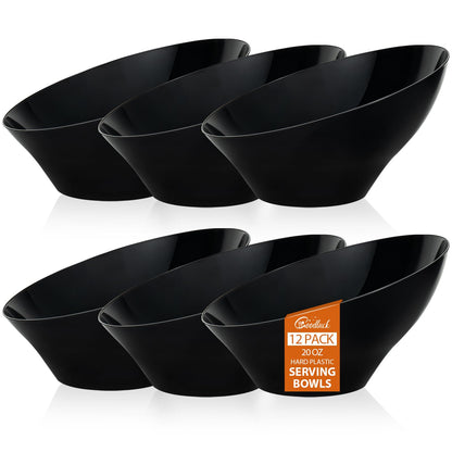 Goodluck 12 Pack Disposable 20 OZ Angled Black Plastic Serving Bowls for Salad & Fruit