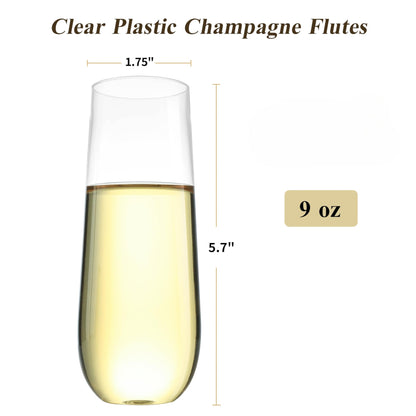 9 oz Disposable Stemless Plastic Champagne Flutes for Party, Graduation,Wedding