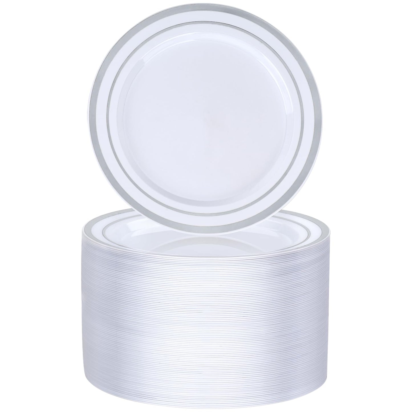 Goodluck 100-Piece 7 Inch Disposable White with Double Silver Rim Plastic Plate