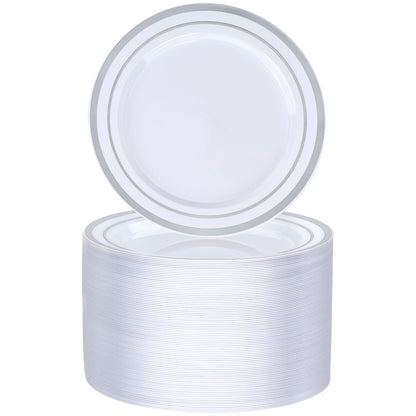 Goodluck 100-Piece 7 Inch Disposable White with Double Silver Rim Plastic Plate