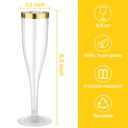 Goodluck 36 Pack 6.5 oz Disposable Plastic Clear Champagne Flutes with Gold Rim Wedding, Engagement, Party, Mimosa Bar